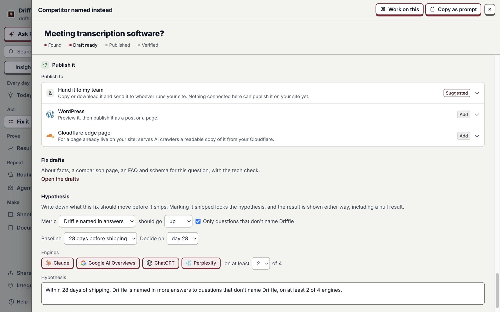 Publish through WordPress or Cloudflare, with the hypothesis pre-registered for day 28